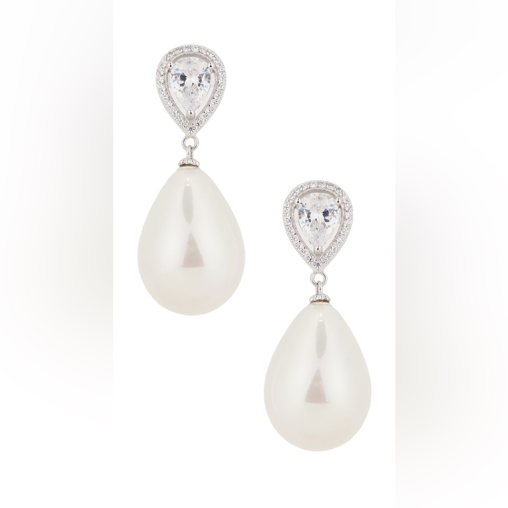 SHASHI Silver and White Crystal Pearl Earrings